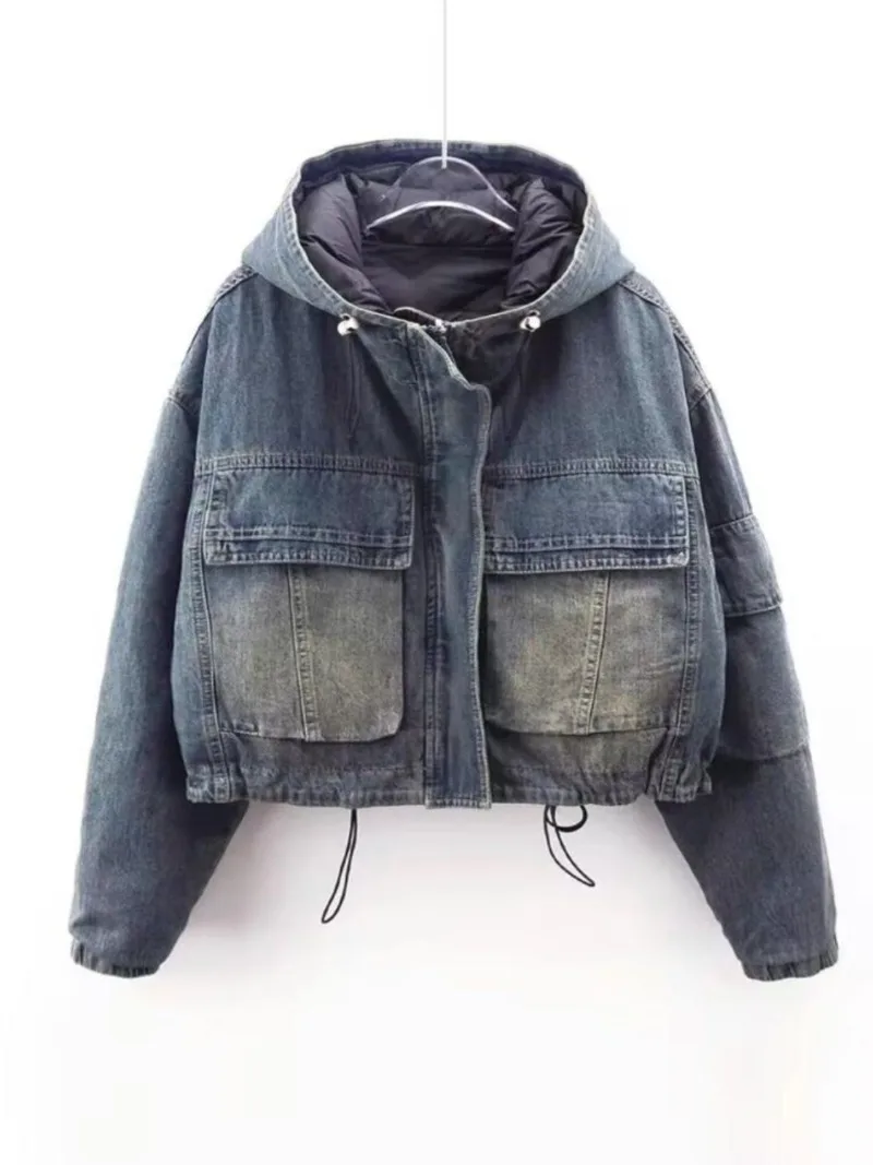 خمر الدنيم المرقعة مقنعين سترة قطن قصيرة النساء 2025 شتاء جديد سميكة الدافئة كاوبوي ملابس خارجية سحاب أكمام طويلة الجينز #2