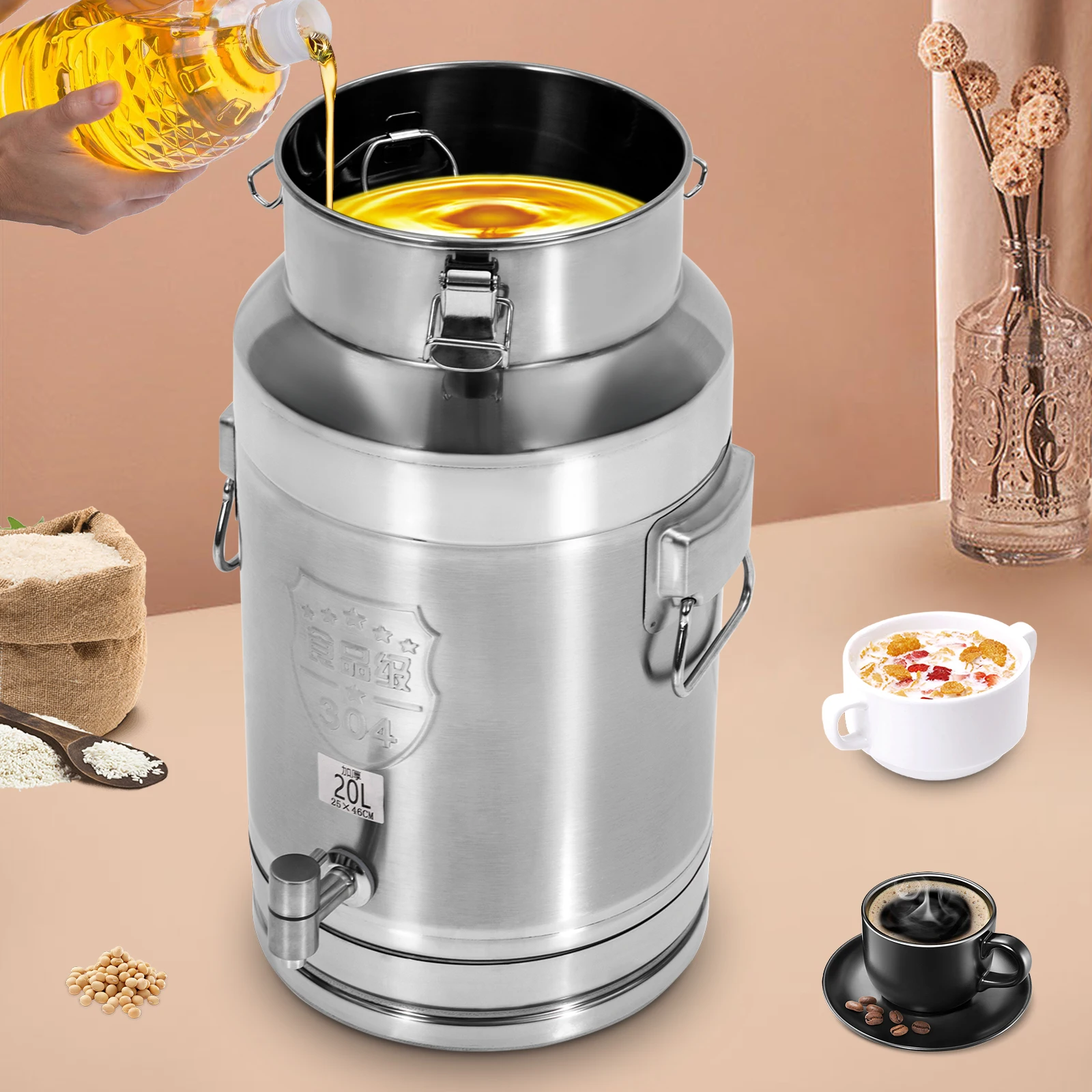 Stainless Steel Milk Can  Transport Barrel Beverage Drink Dispenser with A Spigot 20L  25*46cm for Storing Liquid Products