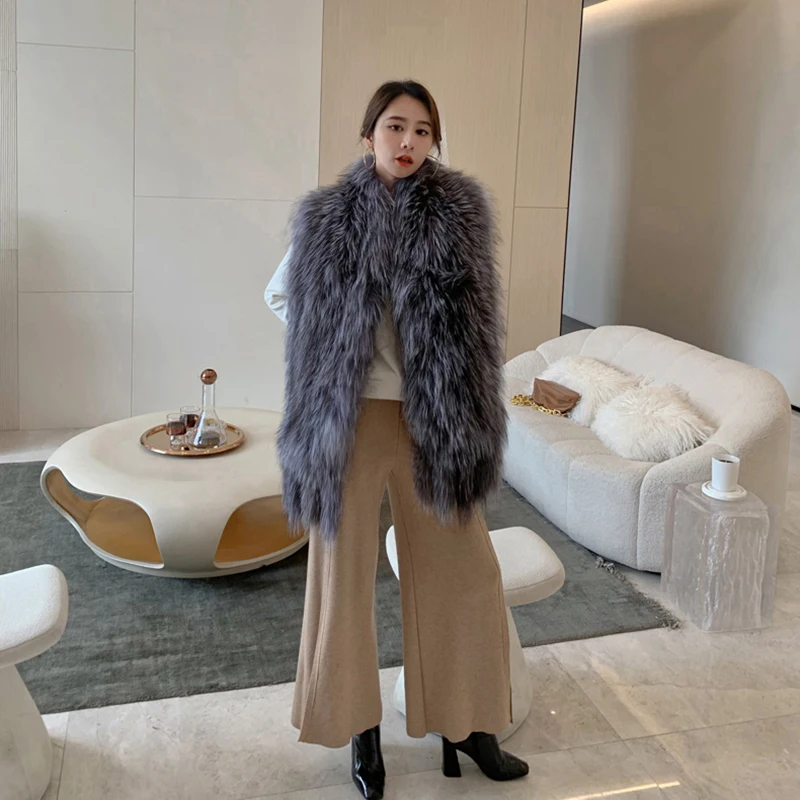 Fox Fur Scarf Luxury Big Fox Skin Scarf Natural Fox Fur Stole Genuine Fox Fur Shawl Pocket Fashion Evening Dress