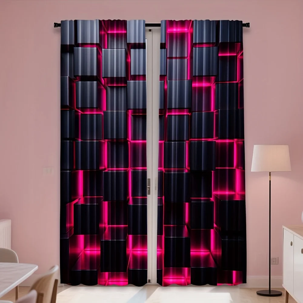 2pcs, Abstract Black Cubes Pink Glow Curtains, Rod pocket design, Machine Washable, All Season Decorative, Designed for Living R