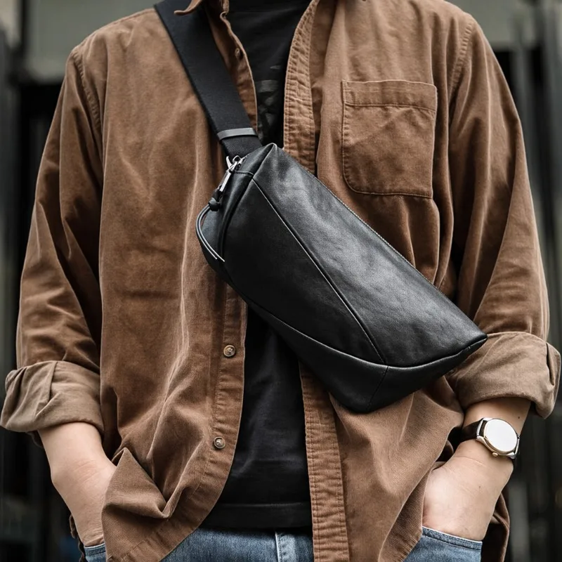 Men’s Premium Chest Bag Full Grain Cowhide Leather Crossbody Sling Satchel Single Shoulder Pack Portable Male Handbag for Urban