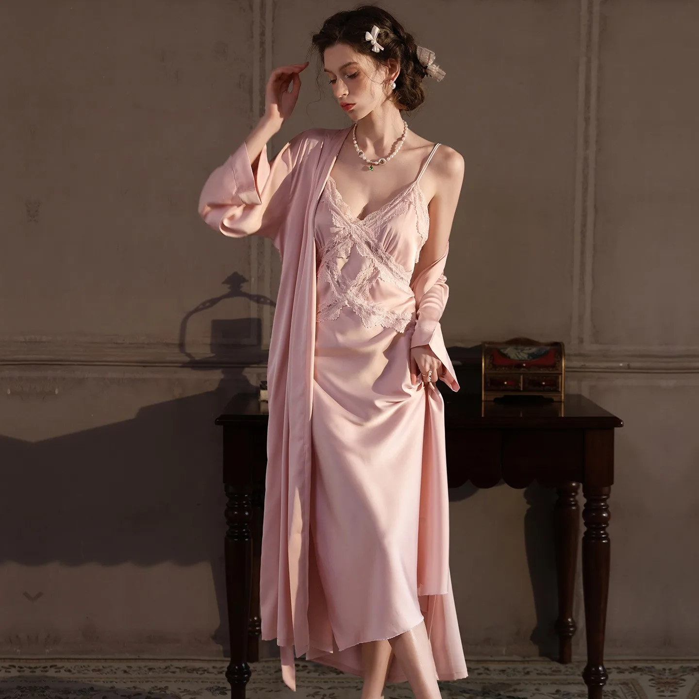 Two Set Padded Bust Robe Maxi Length Sexy with Spaghetti Strap Long Dress Summer Sleepwear Home Wear Autumn Sleepwear for Women
