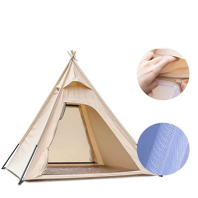 Family Outdoor Cotton Canvas Camping Waterproof 3 Seasons Camping Pyramid Tipi Tent With Double Door for 2-3 Person