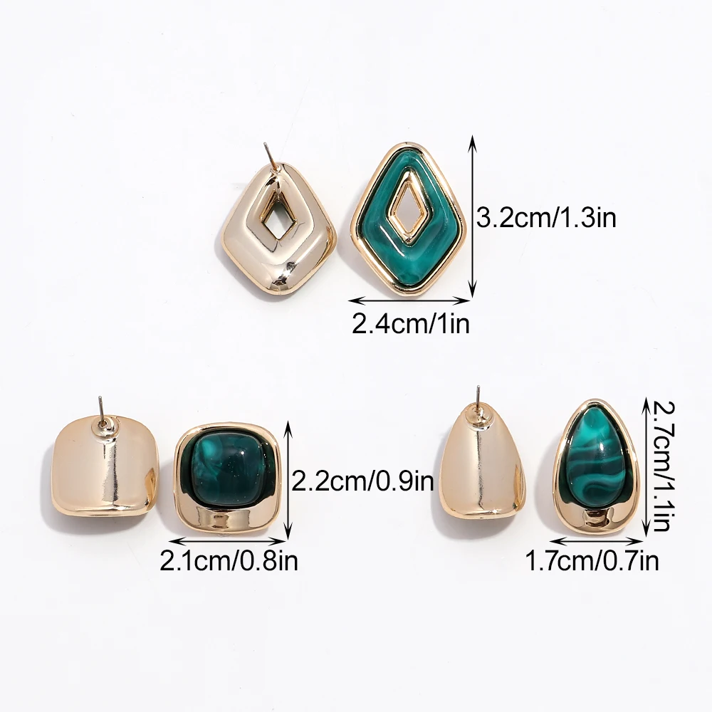 Retro 3pairs Gold Plated Geometric Acrylic Stud Earrings for Women Irregular Square Water Drop Earring Fashion Jewelry Set Gifts
