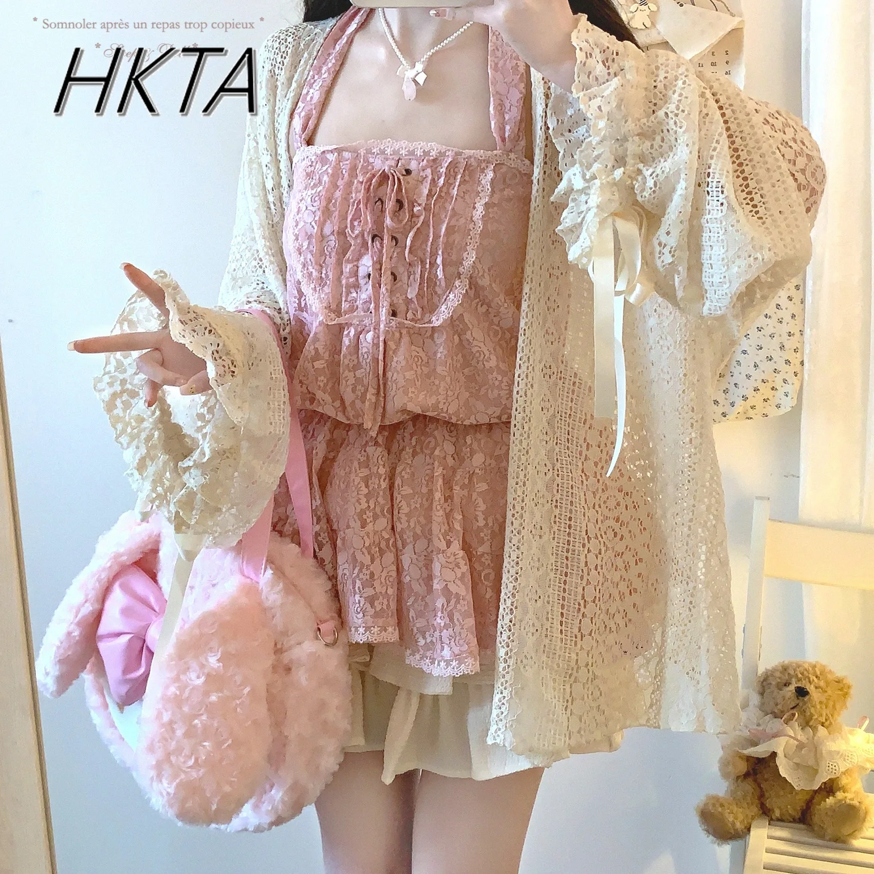 Japońska Sukienka Lolita w Stylu New Vintage Kawaii z Paskiem na Szyję, Podkreślająca Talia, Koronkowa Sukienka dla Gorącej Dziewczyny, Słodka i Urocza Letnia Koronkowa Krótka Sukienka Lolita Damska