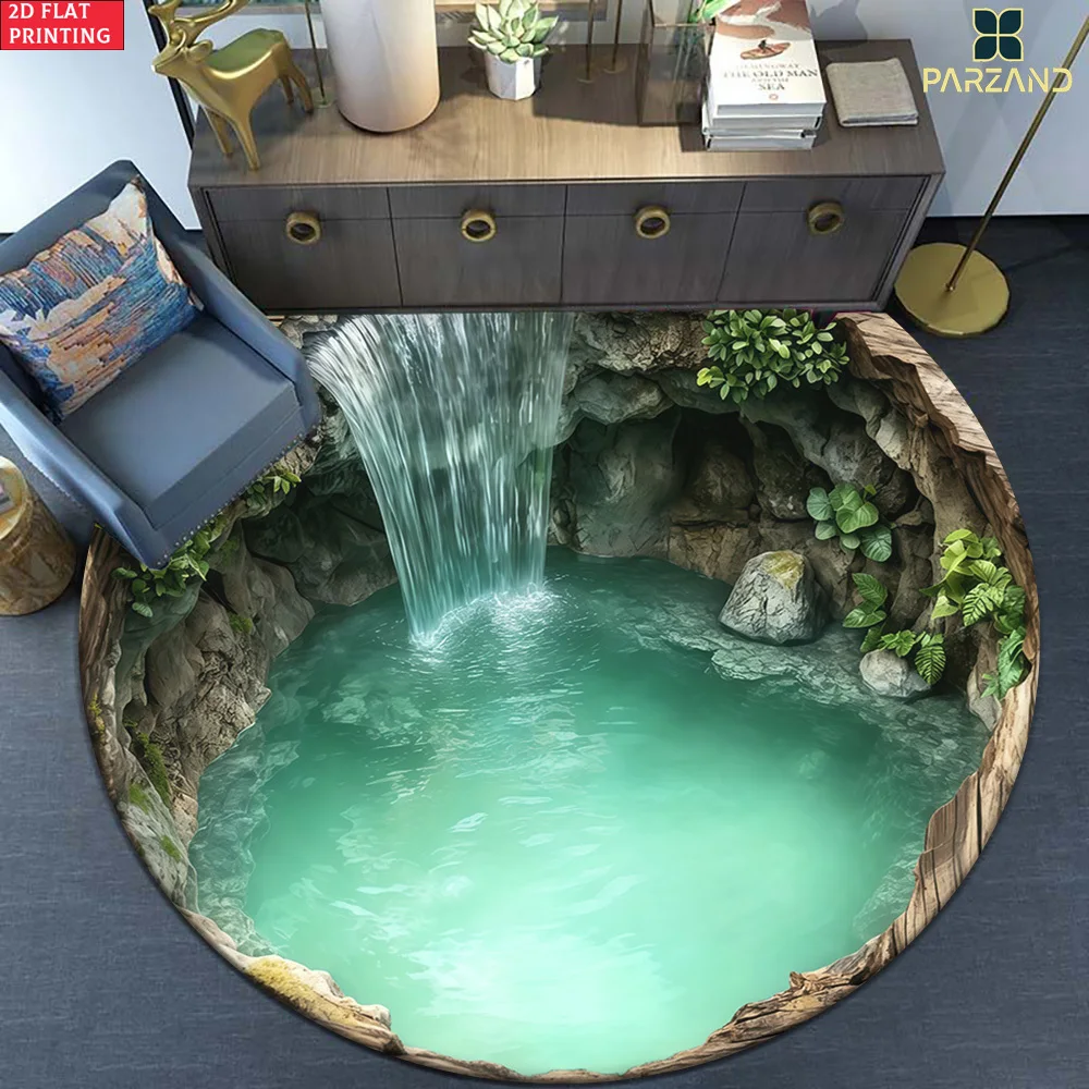 Round Waterfall Nature Scene Rug Mat Waterproof Bathroom Floor Decor Mats Polyester Sponge Anti Fatigue Cushion for Spa Home Dec