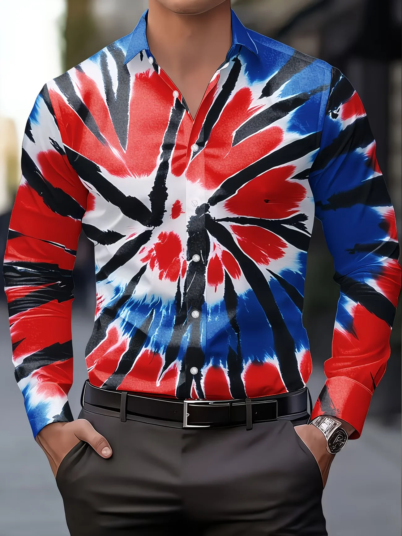 New Art Cat Color Contrast Printed Men's Long Sleeve Shirt Personalized Trendy Brand Style Casual Flower Shirt