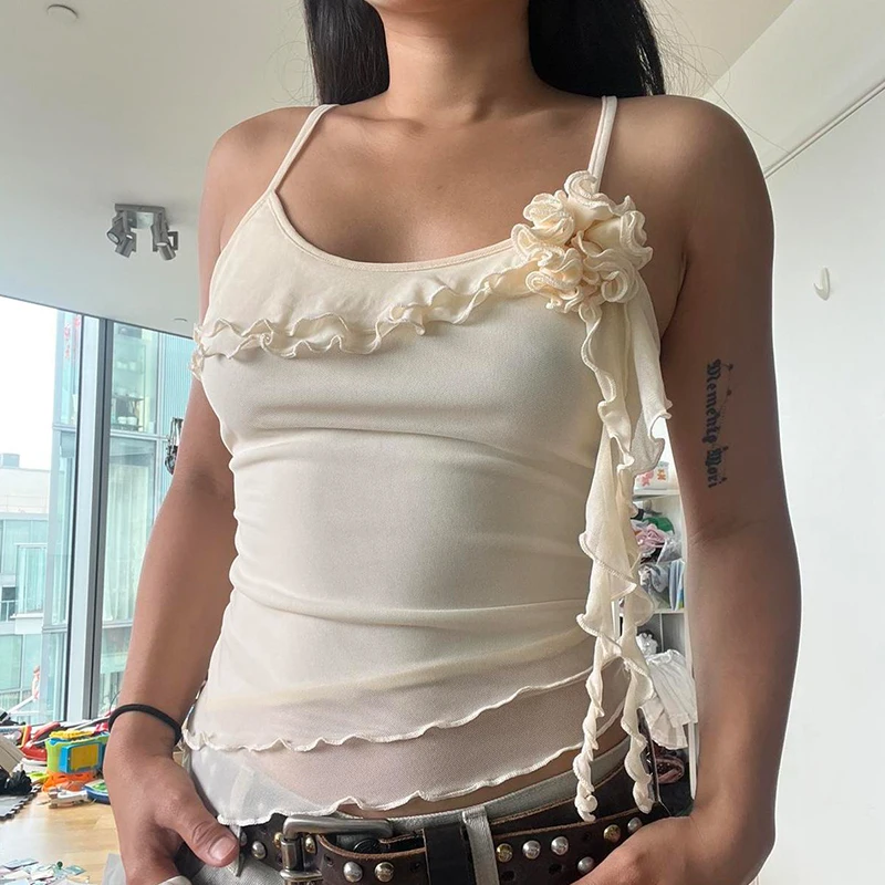 Rapcopter y2k Floral Mini Vest Ruffles Bandage Backless French Vintage Crop Top O Neck Fairycore Holiday Beach Sweats Chic Tee