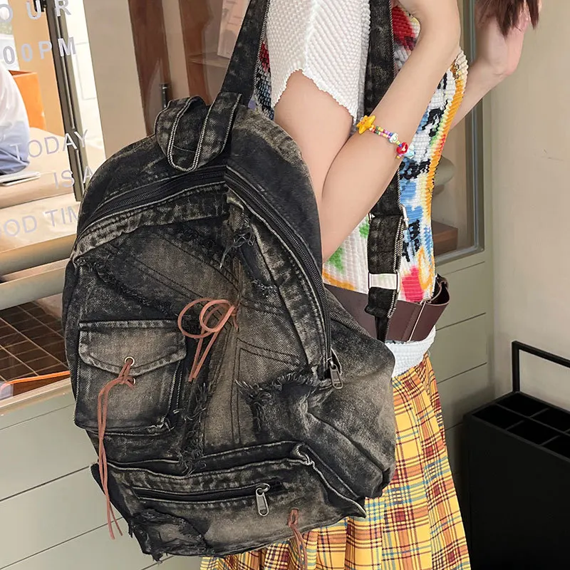 

Washed Denim Womens backpack Large Capacity y2k Hot Fashion Designer big Travel Bag Girls Daypack bagpack casual commuter bag 가방