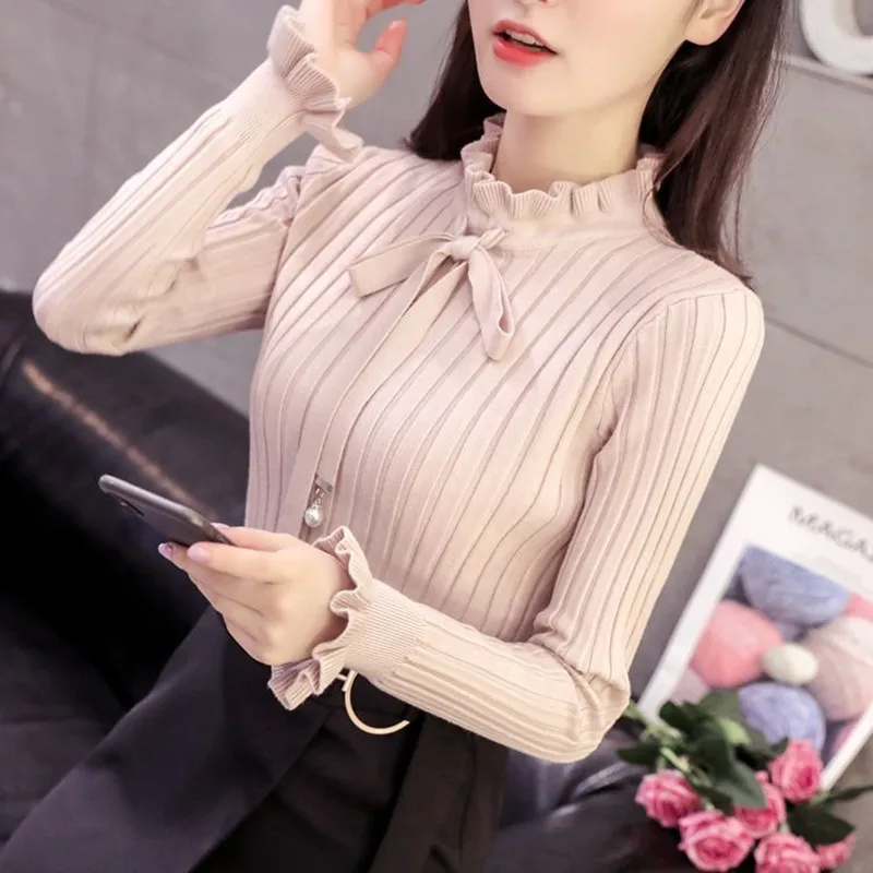 2024 Women Bowknot Knitted Sweater New Autumn Winter Elasticity Slim Turtleneck Sweater Long Sleeve Office Lady Elegant Shirt