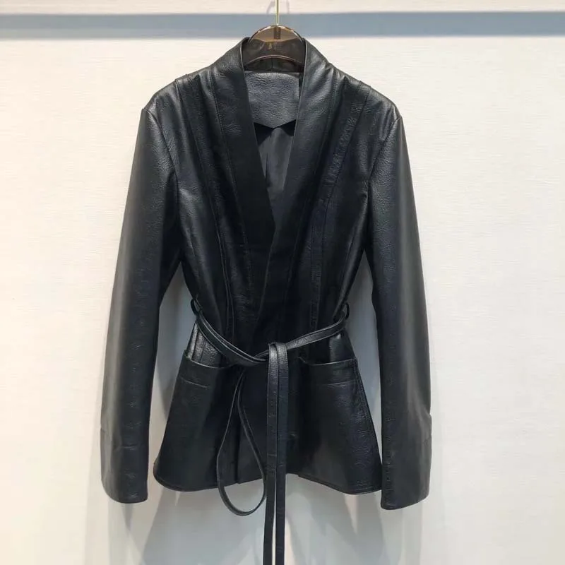 V-Neck Collar Coat Spring And Autumn 2023 New Fashion Genuine Leather Jacket With Belt Stylish And Versatile Long Sleeve