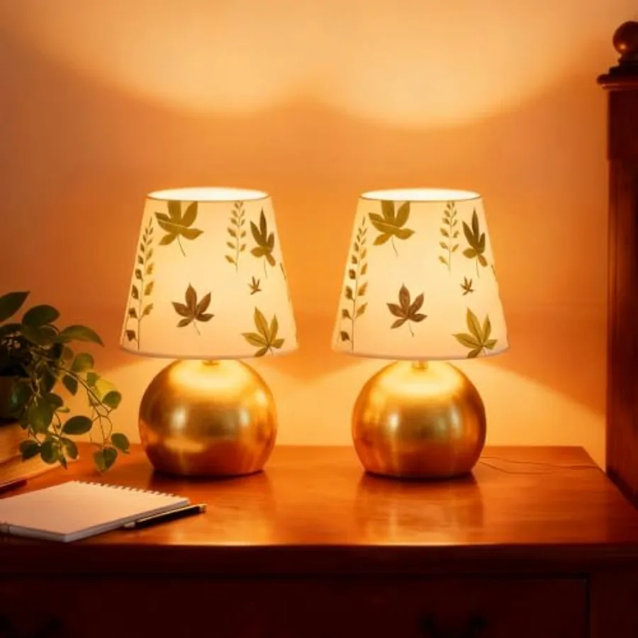 

Set of 2 Small Gold Bedside Table Lamp with Maple Leaf Pattern Shade Bulb Included