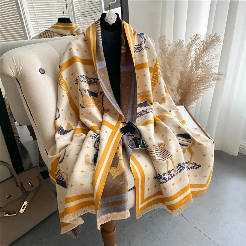 Luxury Horse Print Thick Cashmere Blanket Women Scarf Warm Pashmina Shawl Winter Wraps Bufanda New Design Poncho Echarpe Female