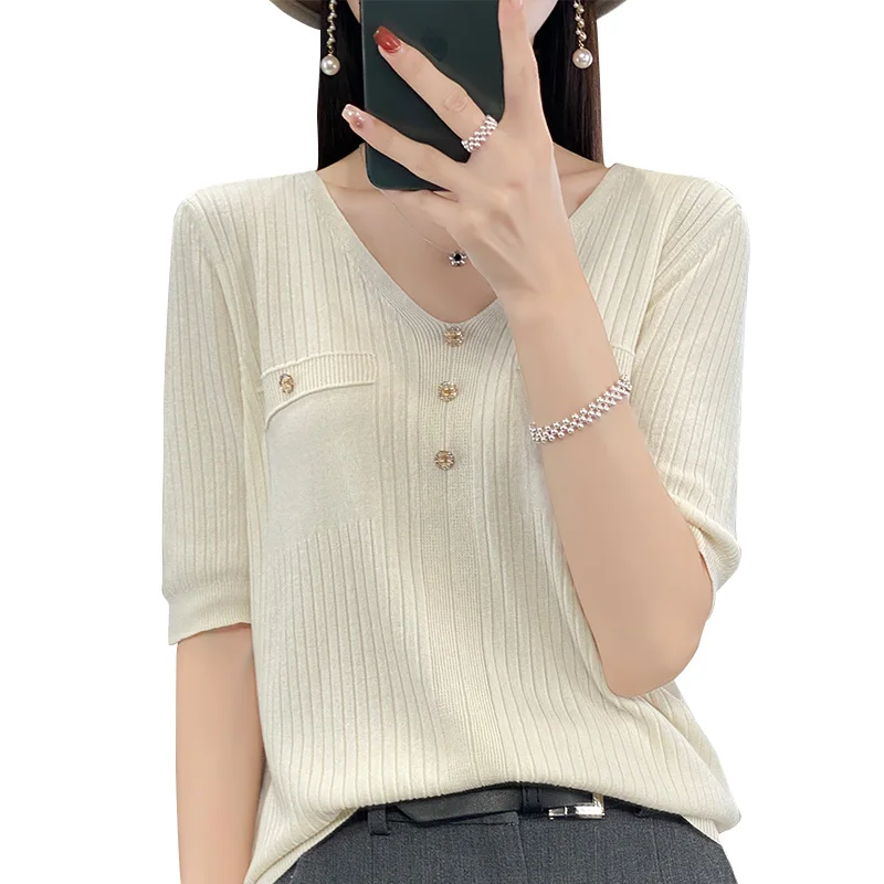 تي شيرت نسائي فضفاض لصيف 2025 من الحرير الجليدي ort Sve تي شيرت محبوك من القطن والكتان الرقيق متعدد الاستخدامات كلاسيكي للتنقل Sle #5