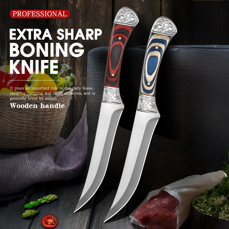 1PC fruit knife Kitchen portable barbecue knife, steel head pattern solid wood, carving knife, multi-function knife, holster