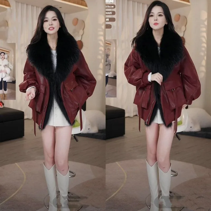 Thickened Leather Jacket Fox-like Fur Collar Cotton-padded Jacket High-end Faux Fur Overcoming Thickened Leather Hepburn Style
