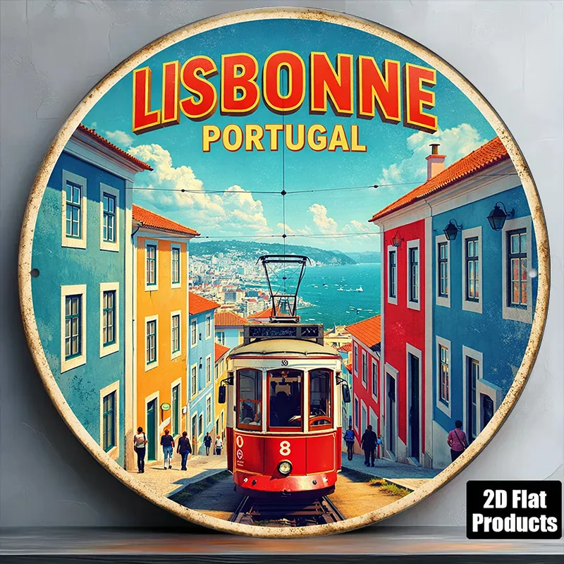 1pc 8*8In/20X20Cm 2D Flat Round Sign, Lisbon Tram Retro Plaque, Portugal Lisbon City Scenery Decorative Sign, Suitable for Livin