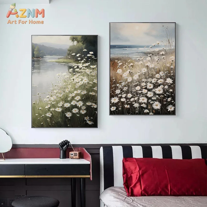 AZNM Vintage European Countryside Landscape Canvas Wall Art, Retro Oil Painting Daisy Field River Village Print, Frameless Rusti