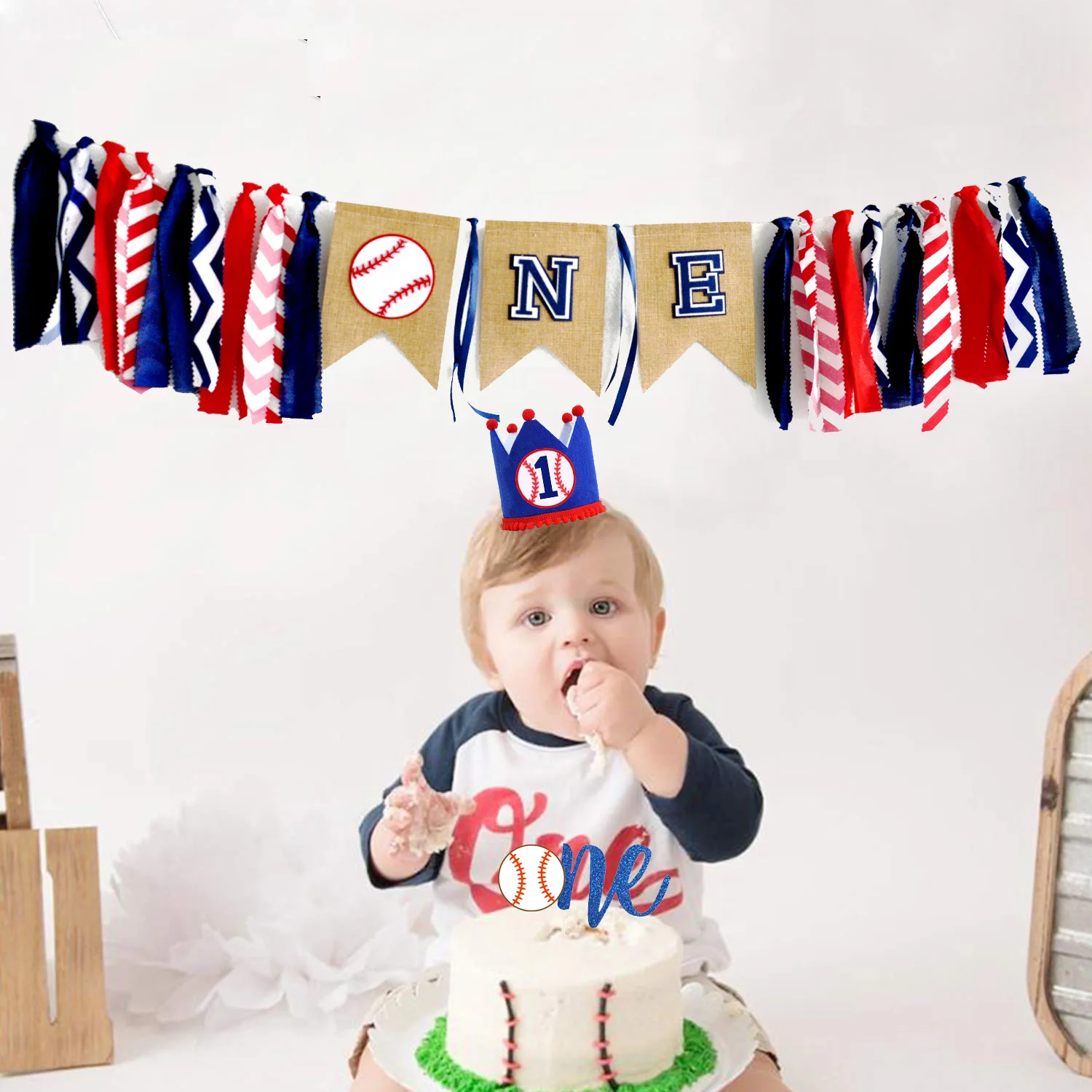 Baby First Birthday Party Highchair Cover, Baseball One Banner, Sport Theme Baby Chair, Bunting Team, Anniversary