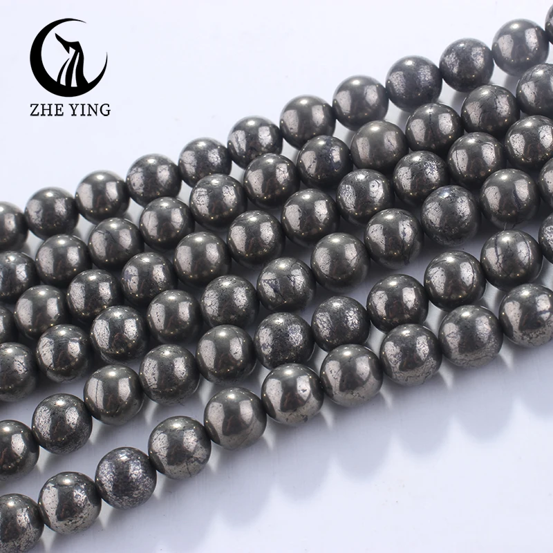 Zhe Ying Natural Pyrite Beads Round Loose Gemstone Beads For Jewelry Making DIY Bracelet Necklace Accessories