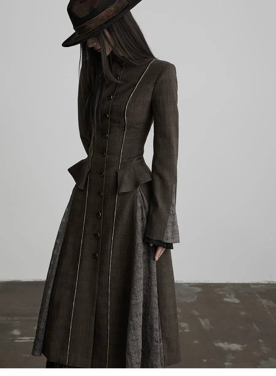 86-94cm Bust Autumn Midi Dresses For Women Vintage Elegant  Single-Breasted Plaid Color-Block Long Sleeve Cinched Waist Dresses