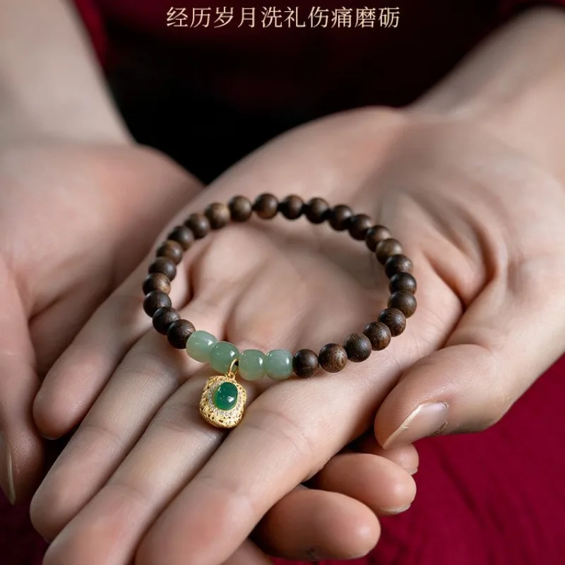 Vietnamese Nha Trang Old Bai Qi Nan Agarwood Bracelet for Women with Beeswax and Hetian Jade Gifts