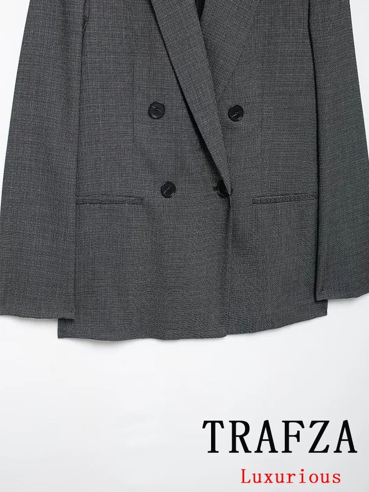 TRAFZA-Blazer Croisé Vintage Chic pour Femme, Pantalon Droit, Couleur Unie, Gris Trempé, Mode Automne-Hiver 2024