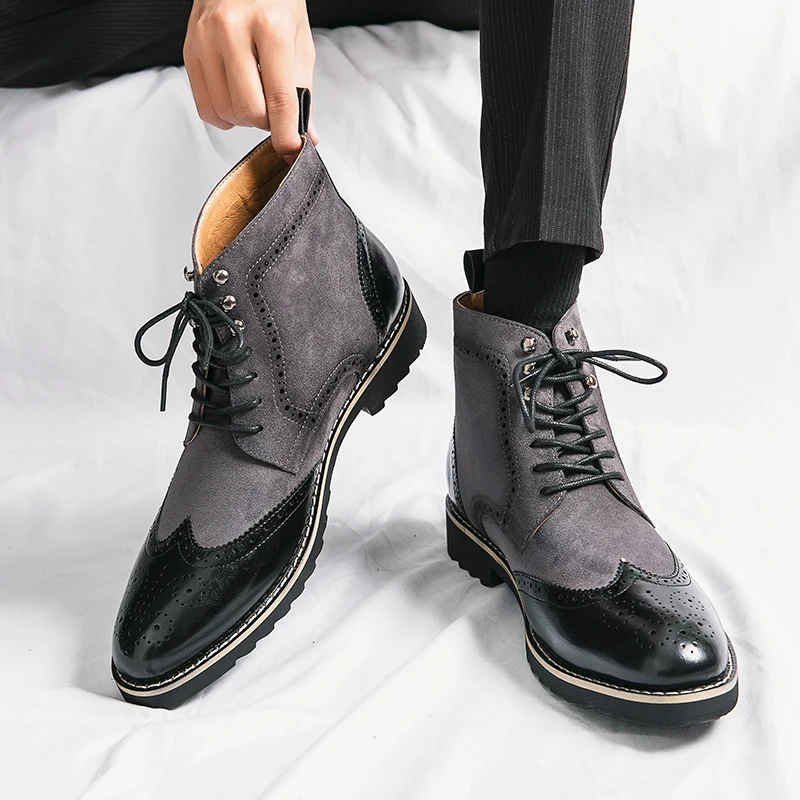 Men Dress Boots Classic Brogue Wingtip Lace-up High Ankle Business Boots