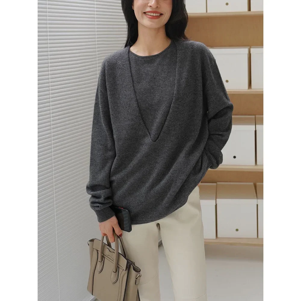 Autumn and Winter New High-grade Soft and Fluffy Cashmere V-neck Wear Two-piece Sweater