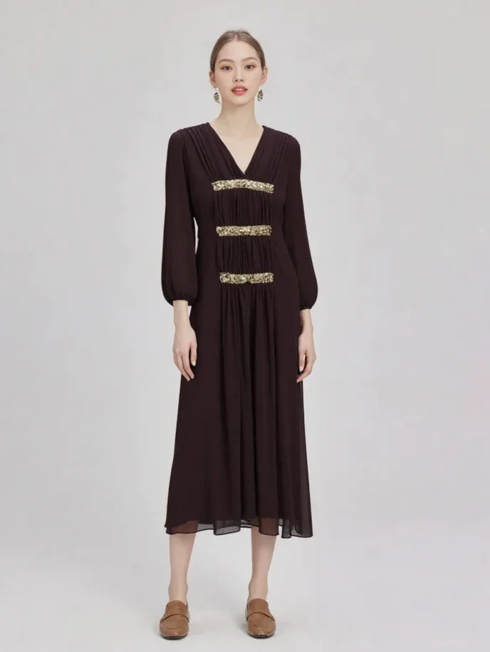 Losse pailletten V-hals lange mouwen jurk nieuwe mode Sparkle semi-transparante jurken damesjurk casual jurk herfstjurken