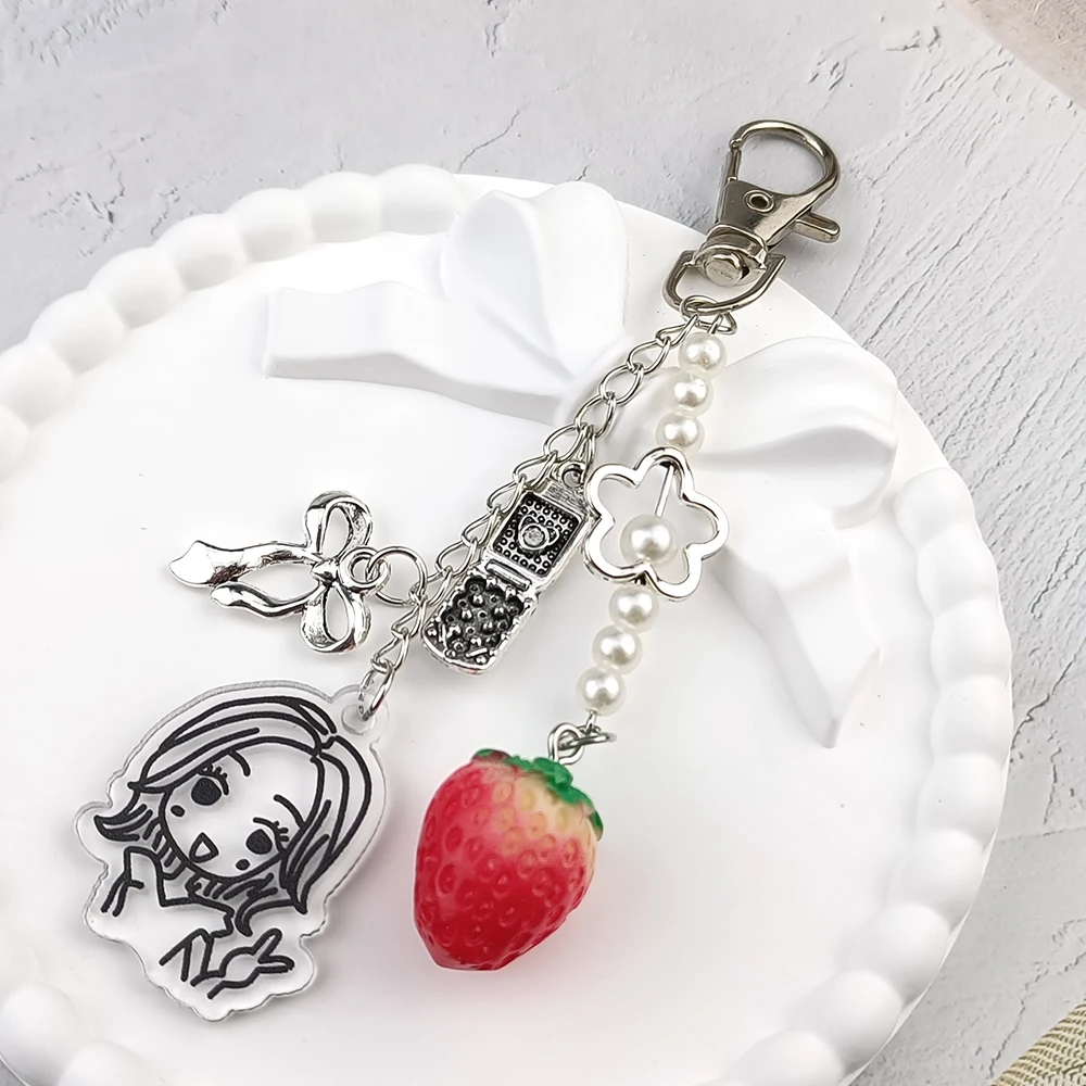 Anime Nana&Hachi Matching Charms Red Pink Strawberry Cartoon Character Pendant Keyring Bag Accessories Inspired Y2K Keychain Gif