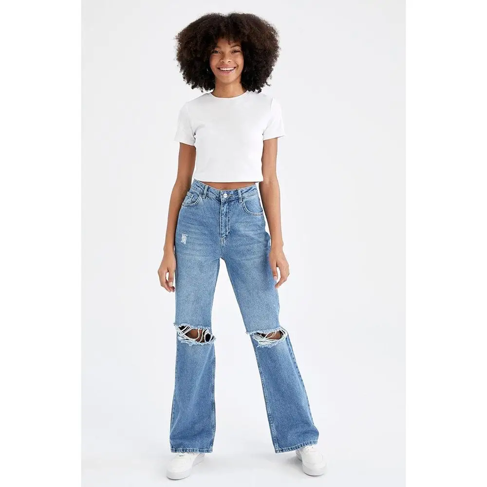 

Women's High Waist Straight Leg Denim Jeans Draping Feeling Wide Leg Floor Length Torn Hole Retro Cross-Border Long Pants