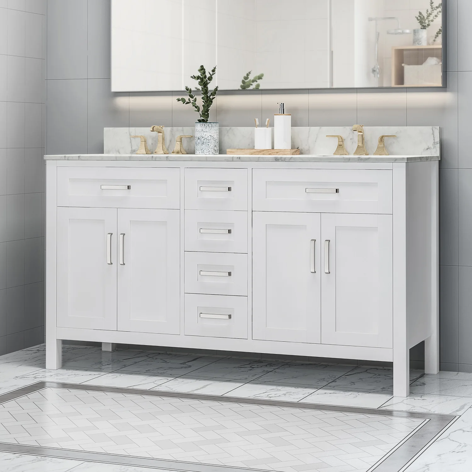 

61'' Bathroom Vanity with Marble Top & Double Ceramic Sinks, 4 Drawers, 4 Doors, White