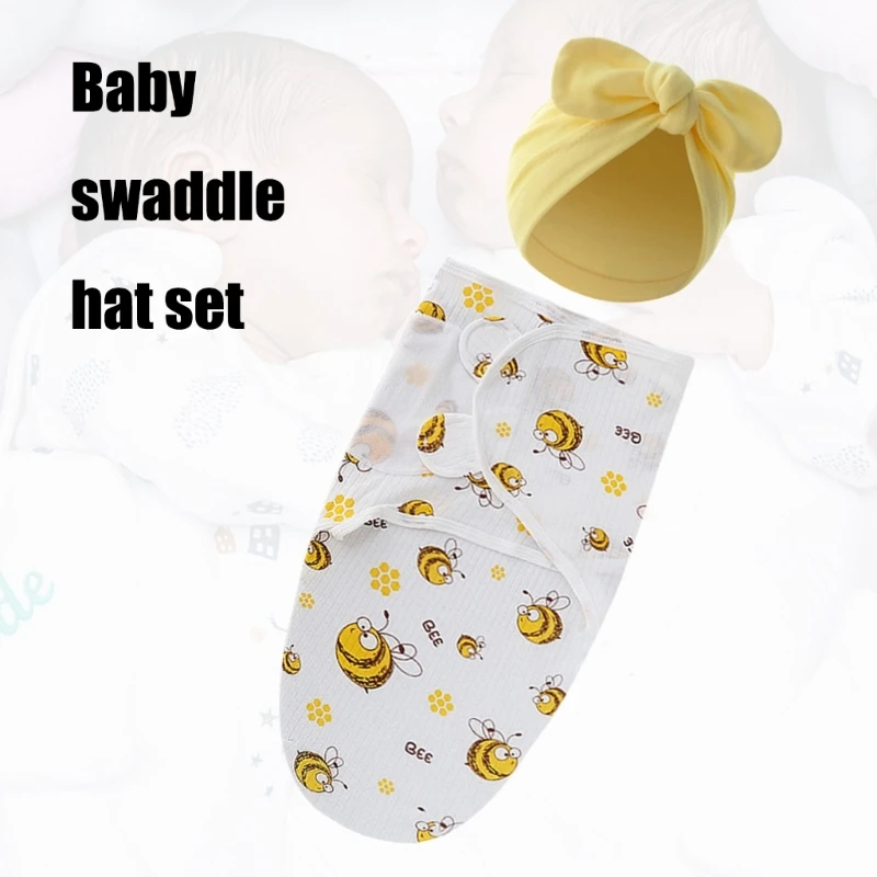 1 Set Cotton Baby Swaddle Blanket Newborn Sleeping Bag+Turban Hat Unisex Boys Girls Sleepsack with Bowknot Bonnet