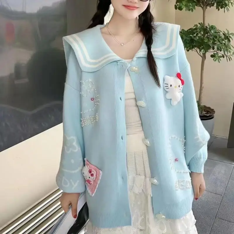 Sanrio – Cardigan à col de poupée Hello Kitty, nouveau Style, couverture de chemise de Base, couverture de chair, ventre polyvalent, pull à manches longues, veste mignonne