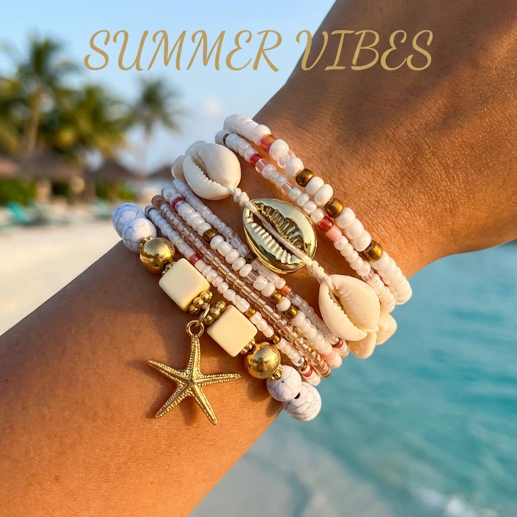 Böhmisches Mehrschichtiges Perlen-Armband-Set für Frauen Sommer Ozean Strand Seestern Charm Armband Urlaub Handschmuck Geschenk – Detail 3