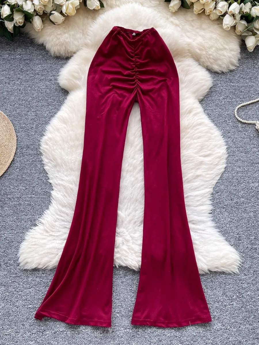 Foamlina été plissé coupe ajustée pantalon évasé européen fille chaude couleur unie jambe allongement léger Mature élégant pantalon