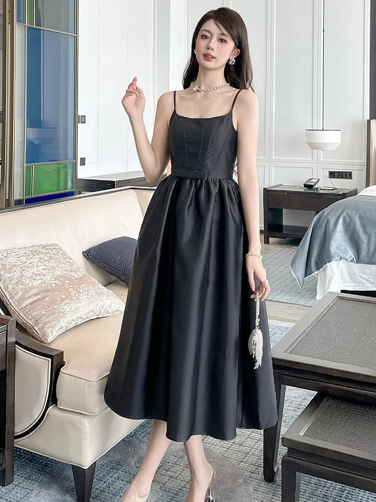 Frauen Französisch Stil Party Kleid für Frau Nette Strap Backless Swing Ballkleid Weibliche Club Robe Elegante Falten Vestidos