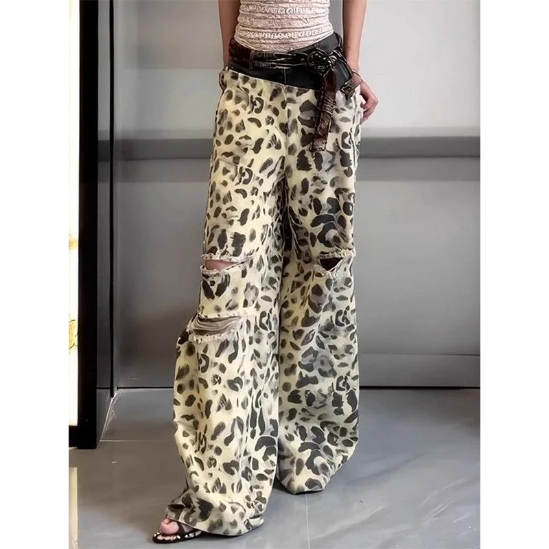 Design-sensual Leopard Print Spliced Double Waist Ripped Jeans Women in Autumn New American Hottie Floor Trousers