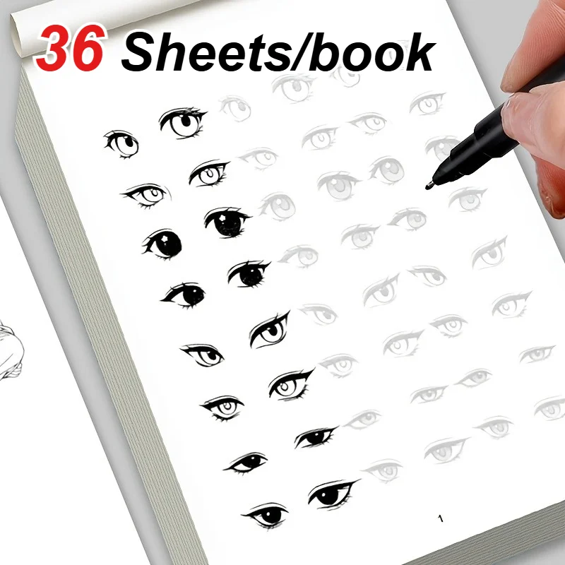 36 Sheets/Book Beginner's Anime Drawing Workbook, Easy to Hand Draw Outlines, Step-by-Step Comic Line Practice Sketching