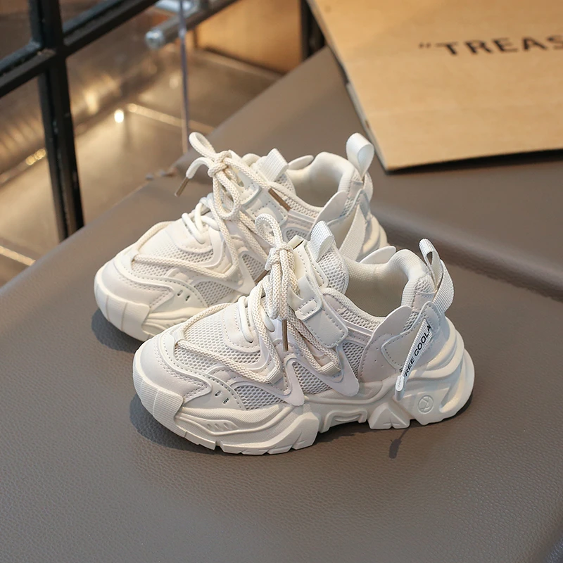 Kids Mesh Chunky Sneakers, Hook and Loop Athletic Running Shoes, Breathable Thick Sole Casual Trainers for Boys Girls