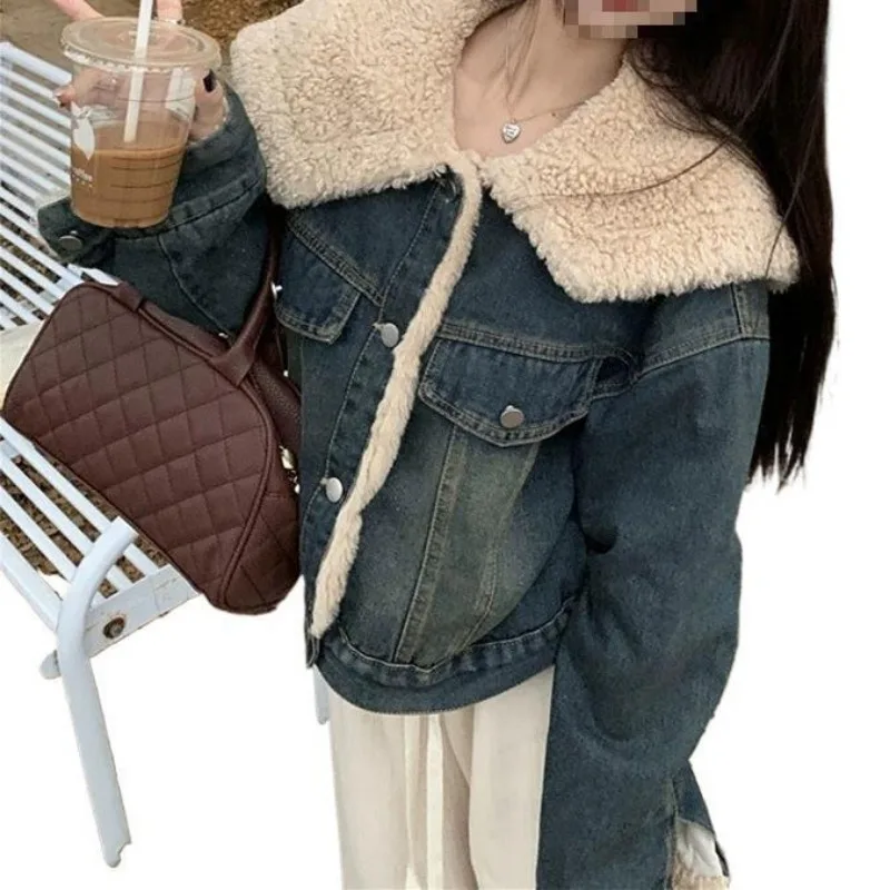 Large Fur Collar Warm Coat Winter Denim Jacket Pure Cotton Retro Style Wearable Women's Loose Jackets Jaqueta Jeans Feminina
