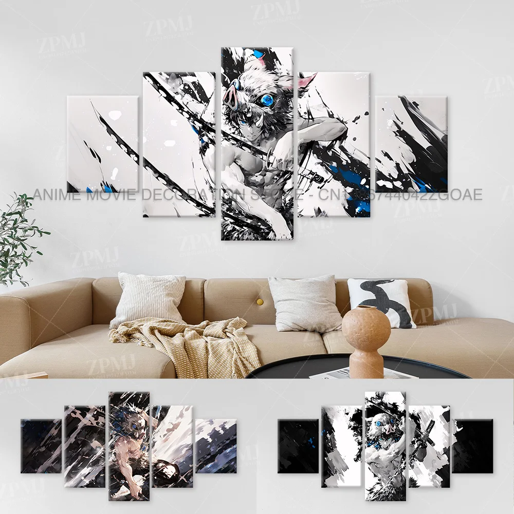 

5pcs Anime Home Decor Canvas Painting Pictures Demon Slayer Hashibira Inosuke Character Wall Art Poster Room Frameless Artwork