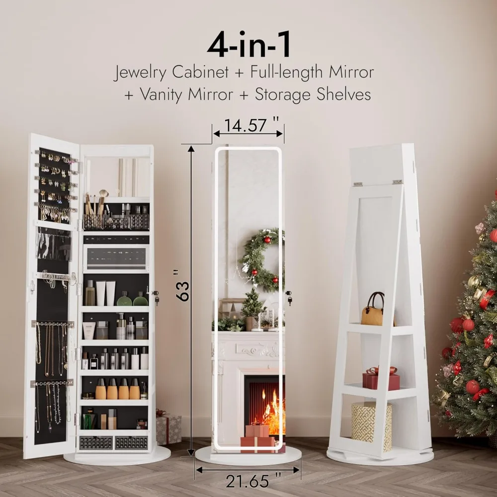 

LED Mirror Jewelry Armoire, 360° Swivel Mirrored Jewelry Storage Cabinet with Interior LED Lights, Full Length