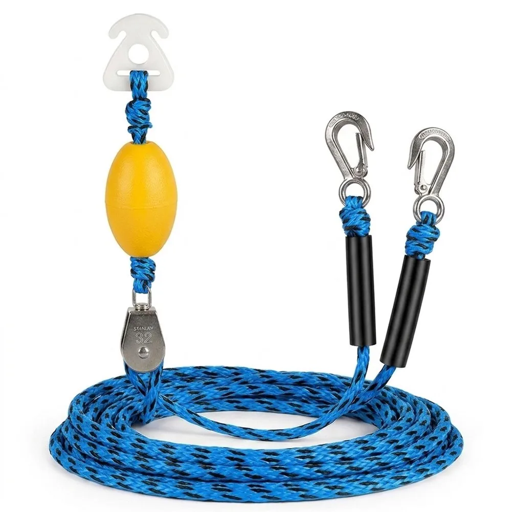 Tow Rope with Dual-Hook Pulley for Kayak Surfboard and Raft Use Compatible with Most Waterskiing and Power Vessels