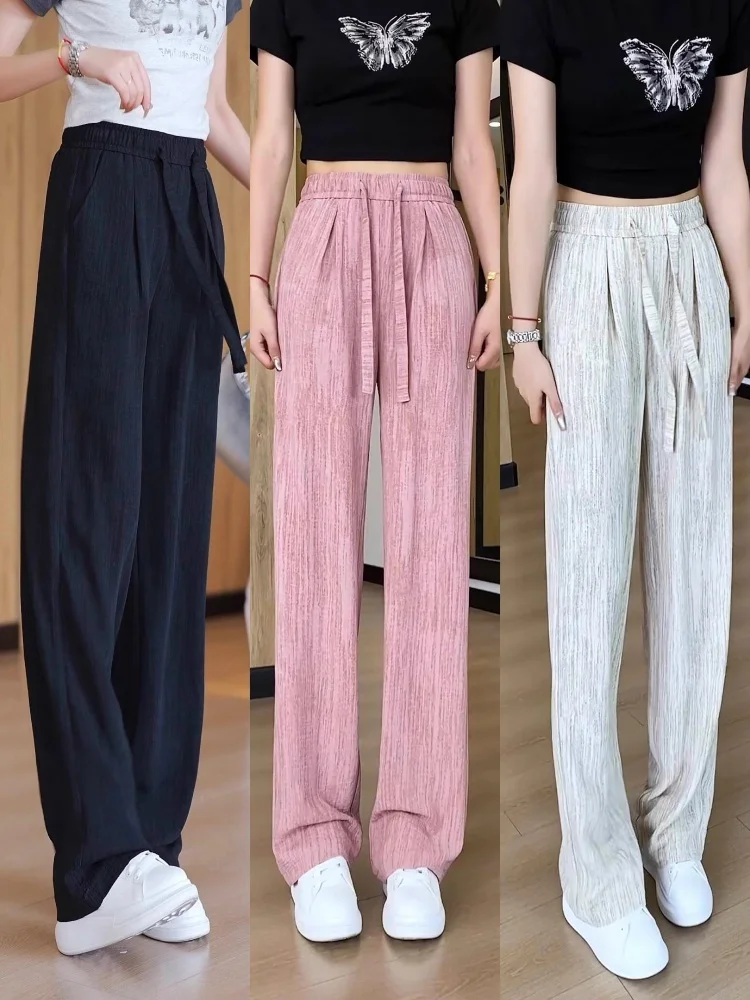 

Летние новые брюки с высокой талией и широкими штанинами, женские, из тонкого льняного шелка, прямые, свободные, в пол, из хлопка и льна, в стиле «ленивые» брюки