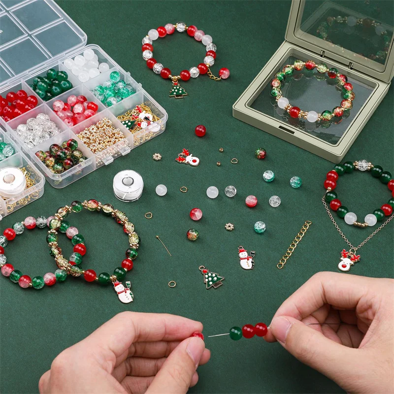 1 Set Christmas Themed Diy Bead Kit Xmas Charms & Crystal Beads Set for Making Bracelet Necklace Handmade Jewelry Craft Supplies