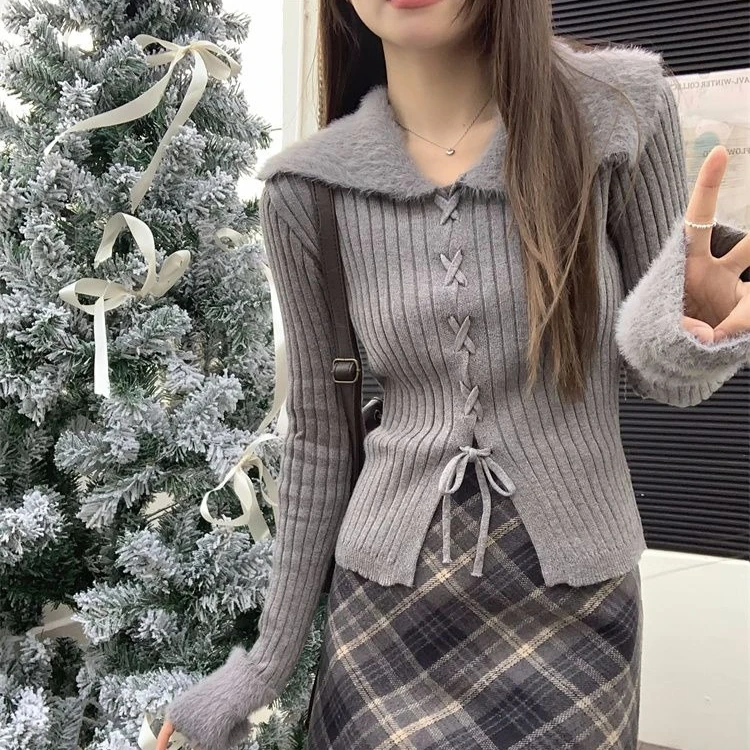 

Deeptown Gray Elegant Vintage Women Cropped Cardigan Lace Up Long Sleeve Korean Fashion Sweaters Slim Faux Fur Patchwork Winter