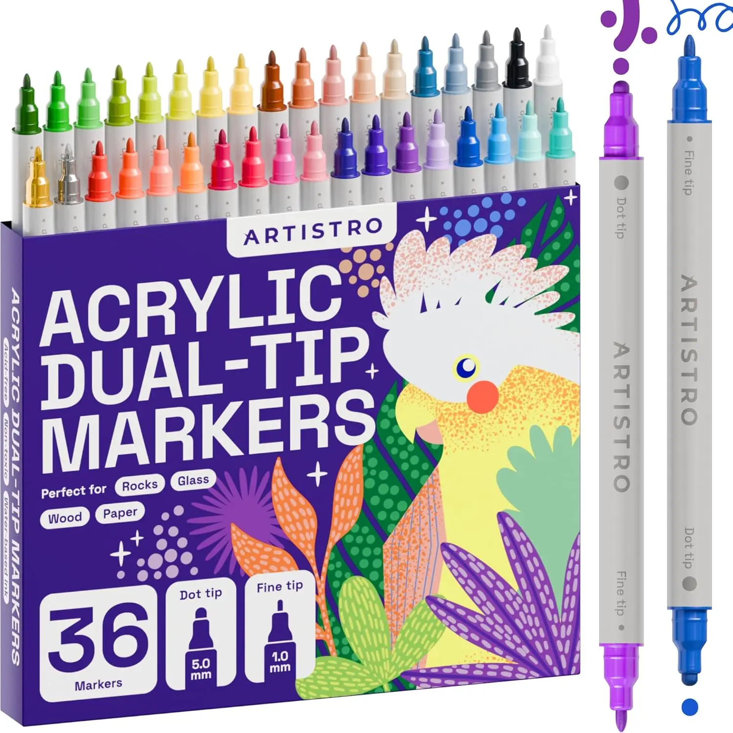 

36 Precision Dual-Tip Acrylic Paint Markers – Paint Pens Set with Dot & Fine Tips for Fabric, Rock, Glass, Wood, Coloring Books – Classroom & Art Supplies Gift