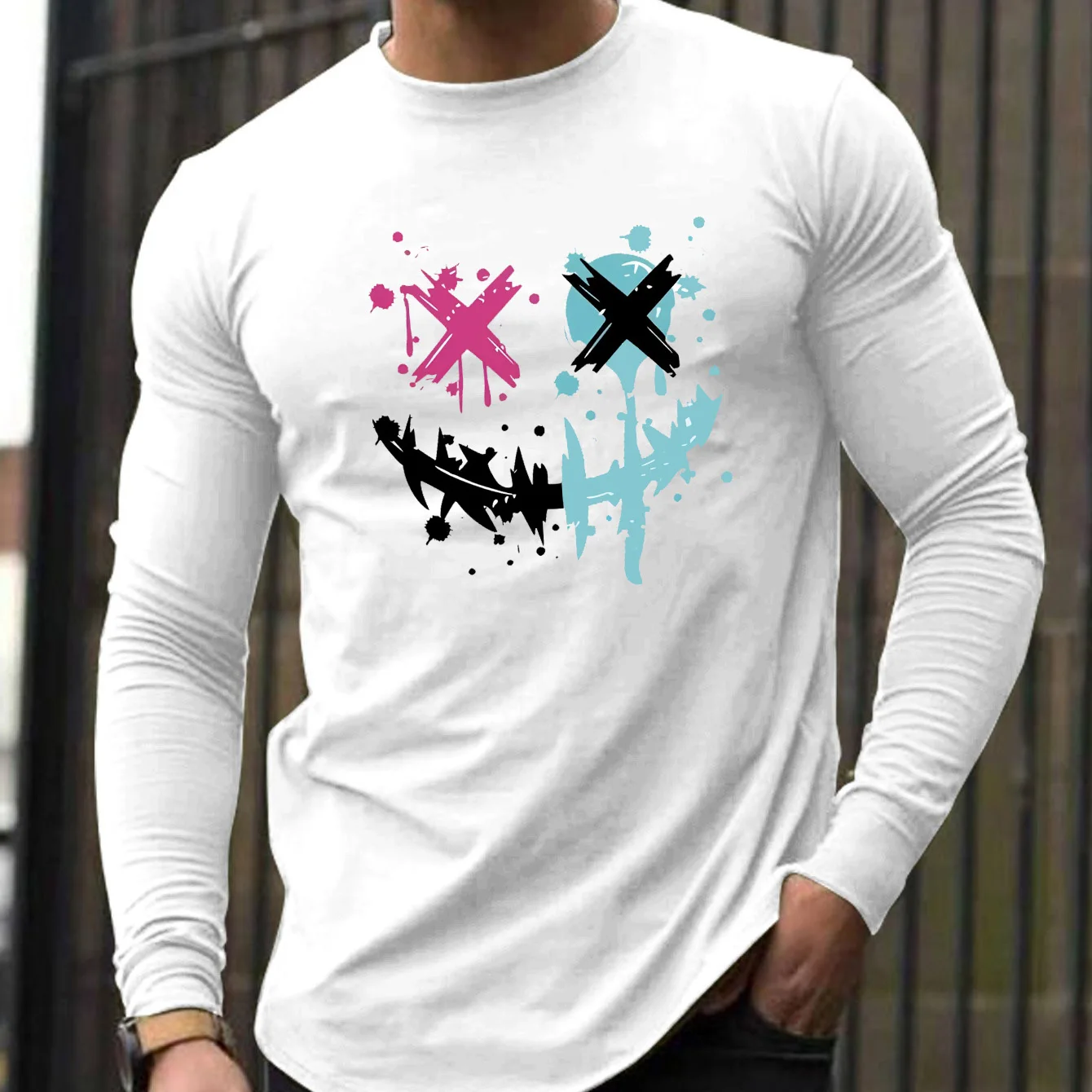 

Мужская свободная и удобная спортивная повседневная футболка из 100% чистого хлопка с круглым вырезом и длинными рукавами с рисунком улыбающегося лица